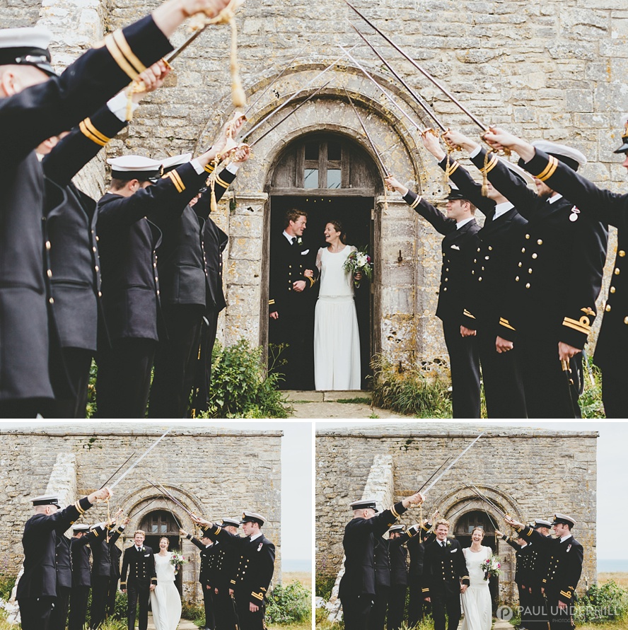Bride and groom leave St Aldhelms Chapel