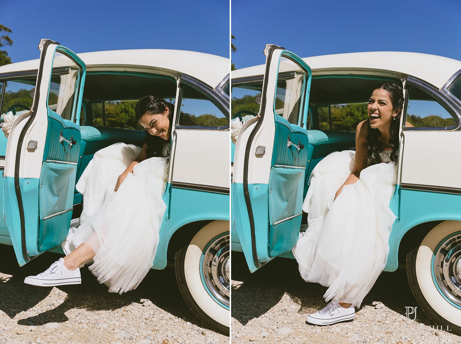 bride-and-american-vintgae-wedding-car